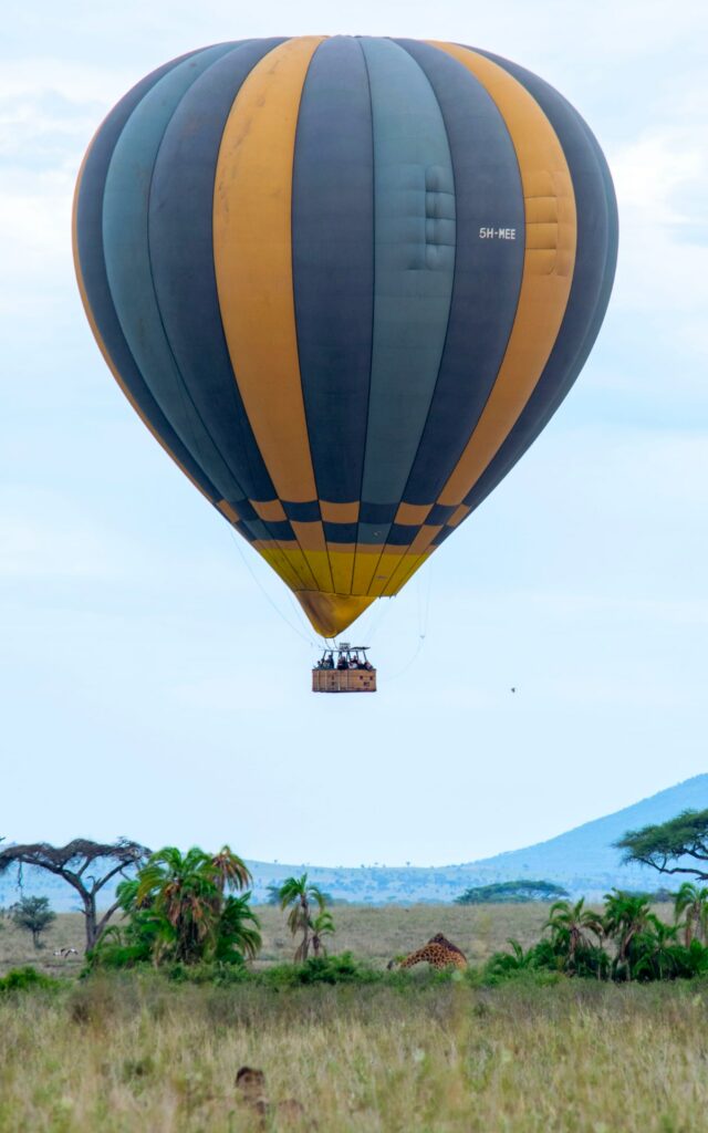 Heißluftballon im Flug über eine Giraffe